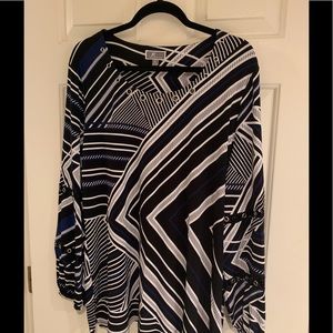 Black, white, and blue round neck blouse.